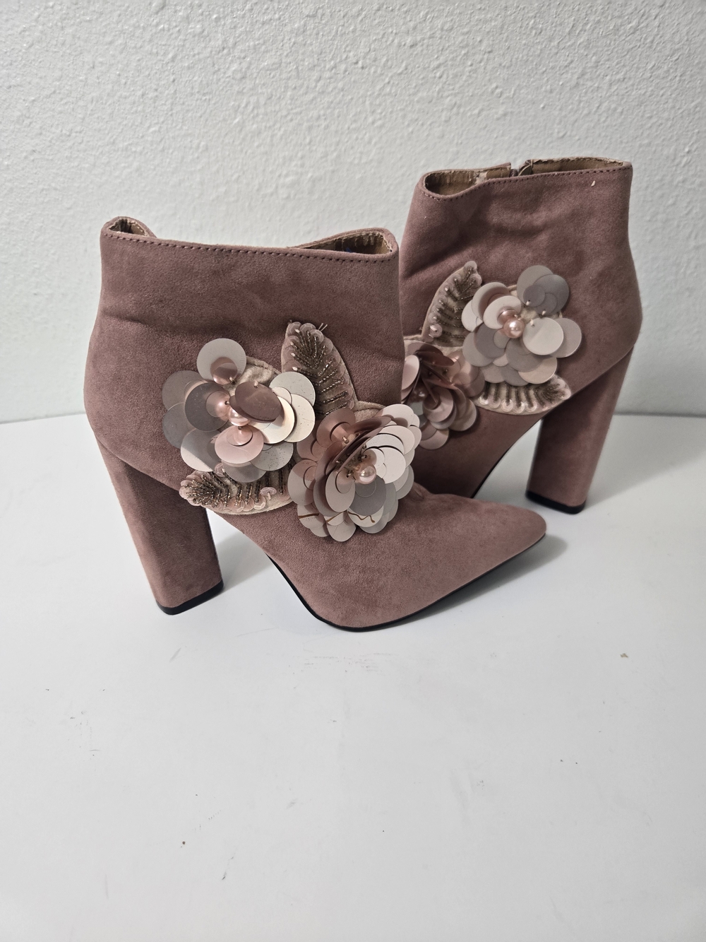 Women's Blush Pink Suede Floral Embellished Ankle Boots